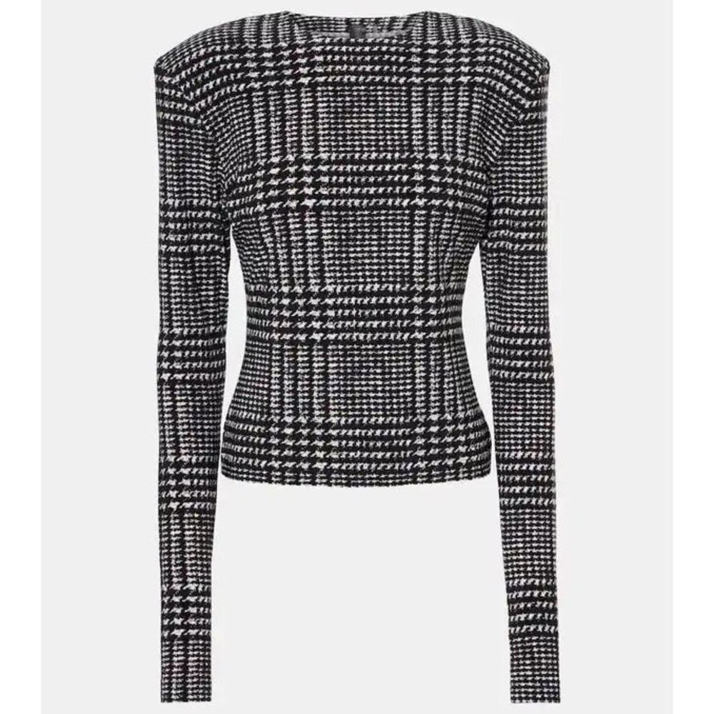 NEW Norma Kamali Glen Plaid Shoulder Pad Long Sleeve Top XL